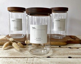 Tea, coffee, sugar. Glass jars with acacia wooden lids and labels. Labelled jars  Kitchen jars, storage jars, organise, kitchen accessories
