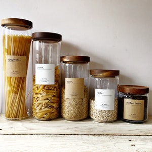 Storage jars & labels. Glass jars with Acacia wood lid and a label, pantry jars, kitchen, storage, organiser