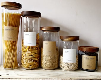 NEW Acacia Wood Lid Glass Pantry Jars with Labels, Storage jars, kitchen storage, food jars