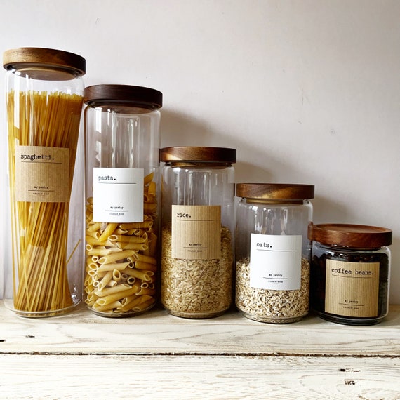 Storage Jars & Labels. Glass Jars With Acacia Wood Lid and a Label, Pantry  Jars, Kitchen, Storage, Organiser 