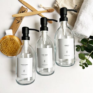 CLEAR GLASS BOTTLE 500ml refillable bottles with waterproof label, bathroom, eco, shampoo, conditioner, body wash, decor image 3