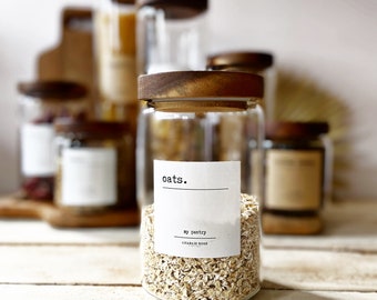 Storage jars & labels. Glass jars with Acacia wood lid and a label, pantry jars, kitchen, storage, organiser