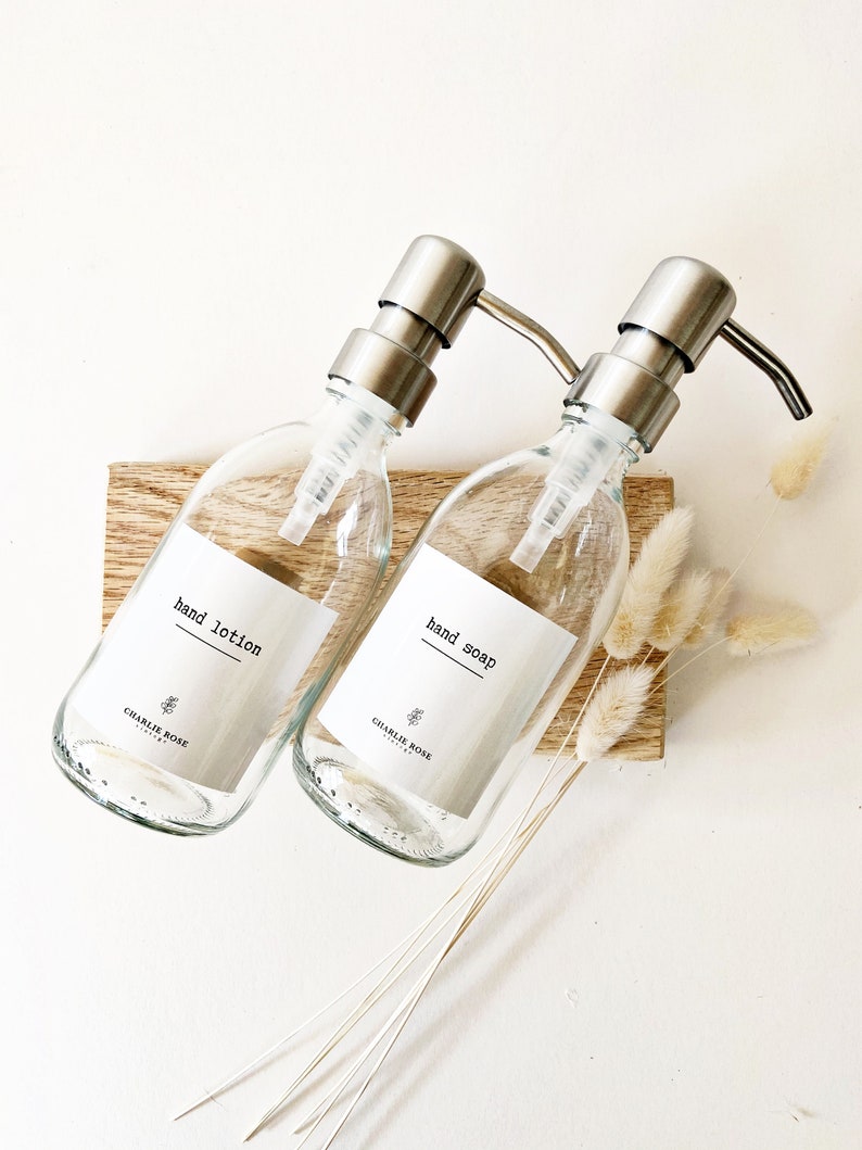 CLEAR GLASS BOTTLE 500ml refillable bottles with waterproof label, bathroom, eco, shampoo, conditioner, body wash, decor image 9