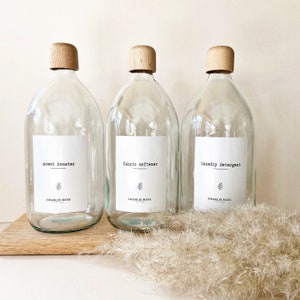 Laundry bottles, 1litre refillable clear glass bottles, bathroom, kitchen, dish soap, eco, shampoo, conditioner, body wash, decor