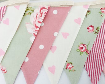 Fabric bunting, sage & rose pink country, floral, spots, stripes, handmade, vintage, shabby chic, garden, kitchen, bedroom, gift