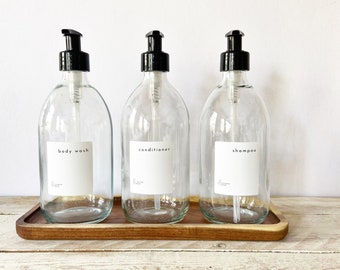 CLEAR GLASS BOTTLE, refillable, with waterproof label and plastic pump, sustainable, labelled bottle, bathroom, eco, hand soap