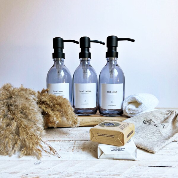 SMOKE GREY GLASS bottle 300ml, refillable, waterproof label, sustainable, labelled bottle, bathroom, eco, shampoo, conditioner, body wash