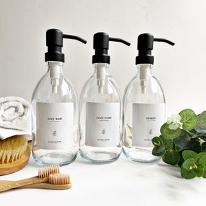 CLEAR GLASS BOTTLE 500ml refillable bottles with waterproof label, bathroom, eco, shampoo, conditioner, body wash, decor image 5