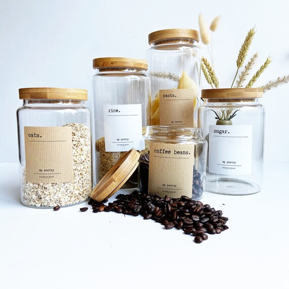 Storage Jars & Labels. Glass Jars With Bamboo Lid and a Full Etsy UK