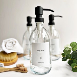 CLEAR GLASS BOTTLE 500ml refillable bottles with waterproof label, bathroom, eco, shampoo, conditioner, body wash, decor image 6