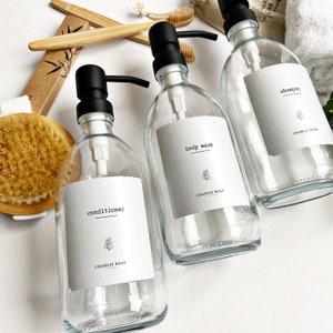 CLEAR GLASS BOTTLE 500ml refillable bottles with waterproof label, bathroom, eco, shampoo, conditioner, body wash, decor image 1