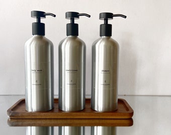 Reusable aluminium bottles, 500ml, bathroom bottles, kitchen bottles, sustainable living, waterproof labels, refillable