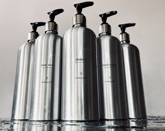 Reusable aluminium bottles, 500ml, bathroom bottles, kitchen bottles, sustainable living, waterproof labels, refillable