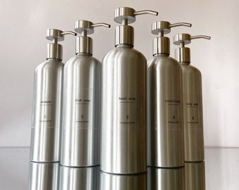 Reusable aluminium bottles, 500ml, bathroom bottles, kitchen bottles, sustainable living, waterproof labels, refillable