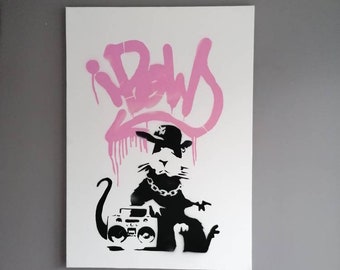 BANKSY - GANGSTA RATTE - Viele Farben verfügbar ! handgesprüht auf Leinwand ! Street Art Grafitti Druck Poster Bild Wandkunst Urban Art