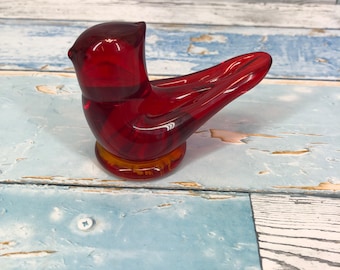 Cardinal of Love Titan Glass Art Signed &quot;L Ward 1996&quot; Paperweight Red