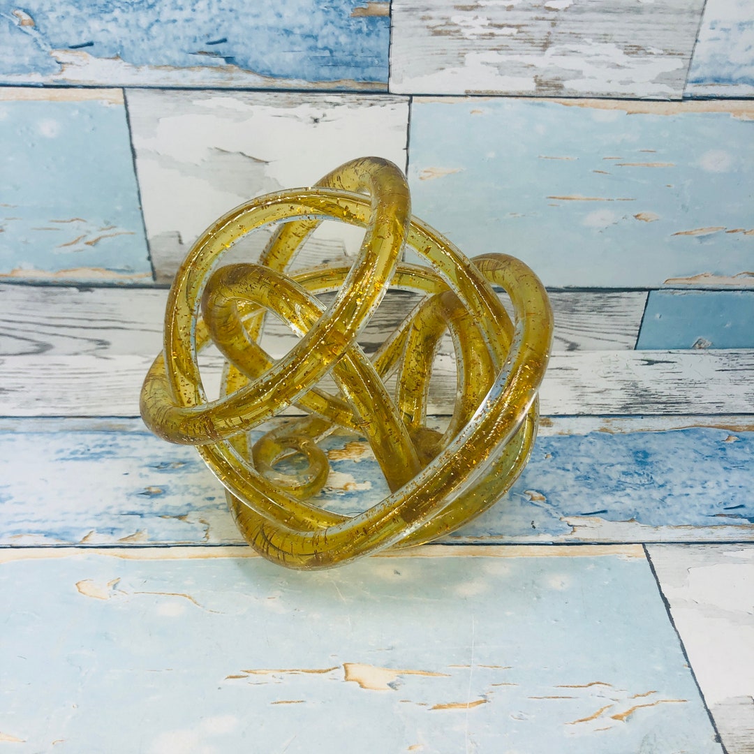 Vintage Art Glass Rope Knot Sculpture Paperweight Spiral Gold Sparkles