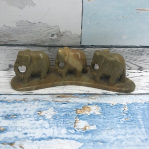 Vintage Hand Carved Onyx Stone Elephant Ornament: Troop of Three, 6” Long
