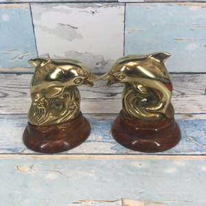 Vintage Brass Dolphin Bookends: Wooden Base Figurine Sculpture