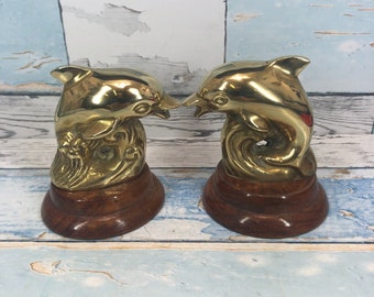 Vintage Brass Dolphins Wooden Base Figurine Sculpture Bookend Paper Weight,gift for her gift for him,birthday,christmas