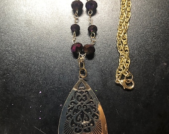 Gold Teardrop Filagree Pendant with Purple Beads / Gold Filagree Necklace