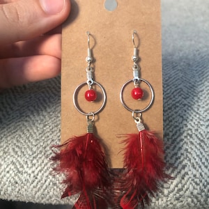Red Feather Earrings / Boho Feather Earrings / Beaded Feather Earrings