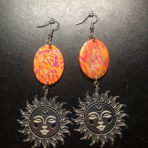 Orange Oval and Sun Dangle Earrings / Orange Sun Earrings/ Sun Earrings