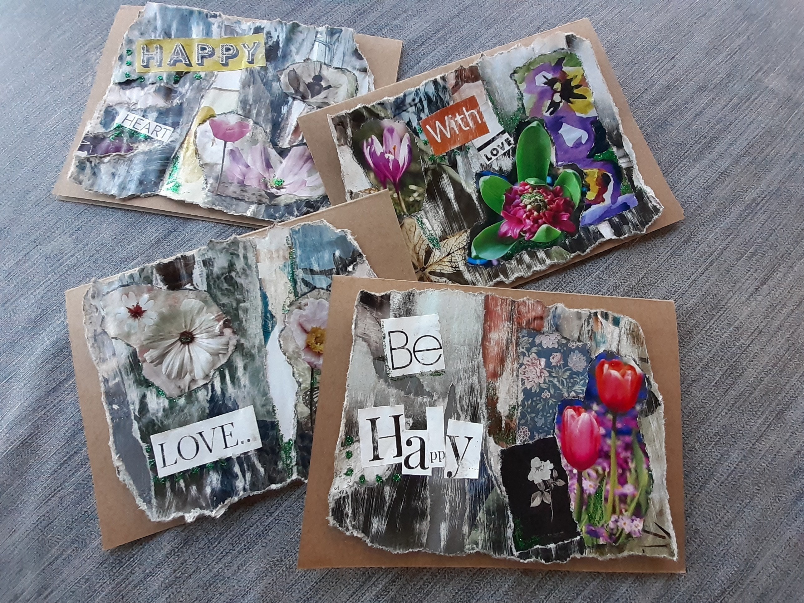 Floral greeting cards recycled magazine collage.Pack of 4 Etsy