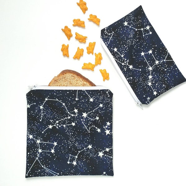 Reusable snack bag, reusable sandwich bag, snack bag, kids lunch, sandwich bag, zippered pouch, green home, food baggies, constellations