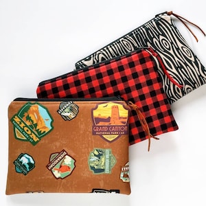 Zipper pouch, make up bag, cosmetic bag, toiletry bag, organizer, small zippered bag, National Parks, woodgrain, red buffalo plaid bag