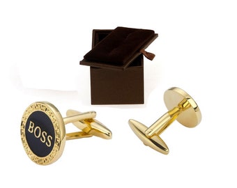 Elegant Gold Tone Greek Key Pattern Boss Cufflinks - Perfect Gift for Any Occasion