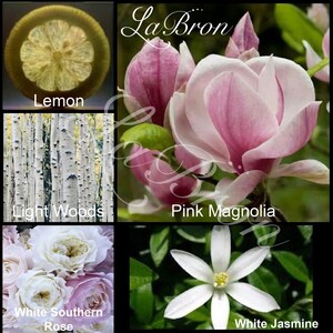 May include: A collage of images representing different scents. The top left image shows a lemon slice. The top right image shows a pink magnolia flower. The bottom left image shows a white and pink rose. The bottom right image shows a white jasmine flower.