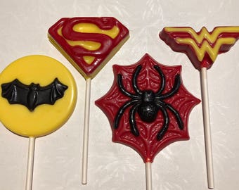SUPERHERO Chocolate LOLLIPOPS/12 Count/Superhero Birthday/Spider Birthday/Superhero Characters/