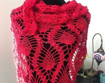 Crochet shawl red beaded shawl Cotton shawl hand made large crochet wrap  stylish outerwear accessory shawl  for her red wrap for women