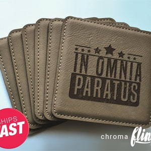 In Omnia Paratus Retro Vintage Coaster Gift - Coaster Gift - Custom Leather Coaster - Engraved Gift  - Leather Coaster Set - Leather