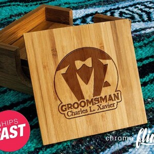 Suit and Tie Groomsman Bamboo Coaster Set - Custom Coaster Gift - Custom Bamboo Coaster - Personalized Coaster Gift - Bamboo -Groomsman Gift