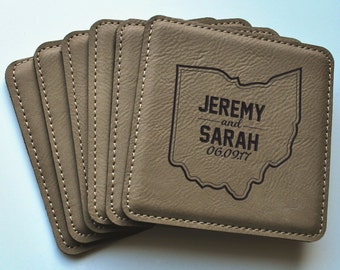 Personalized Engraved Leather Coaster Set, Housewarming Gift
