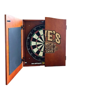 Personalized Dartboard Cabinet - ManCave - Brown Wood Dartboard Cabinet with Chalkboard for Score - Man Cave Gift - Fathers Day