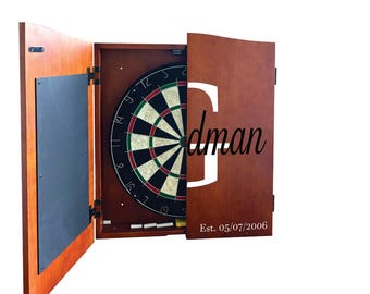 Personalized Dartboard Cabinet - Family Established - Brown Wood Dartboard Cabinet with Chalkboard for Score - Man Cave Gift - Fathers Day
