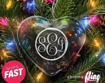 Classic Circle Monogrammed Heart Laser Engraved Crystal Ornament -Crystal Ornament -Laser Engraved - Christmas Gift Ideas - Custom Ornament