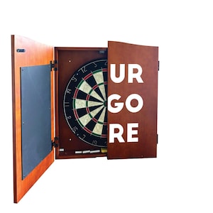 Custom Dartboard Cabinet - Your Logo Here - Brown Wood Dartboard Cabinet with Chalkboard for Score - Man Cave Gift - Personalized Dartboard