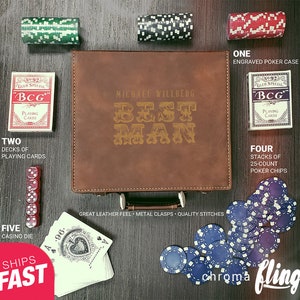 May include: A brown leather poker case with the words "Best Man" engraved on the front. The case is open and contains two decks of playing cards, four stacks of poker chips, and a single dice. The case also includes a metal clasp and quality stitching.