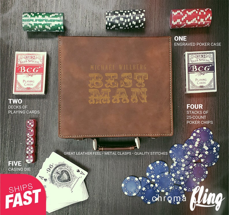 May include: A brown leather poker case with the words "Best Man" engraved on the front. The case is open and contains two decks of playing cards, four stacks of poker chips, and a single dice. The case also includes a metal clasp and quality stitching.