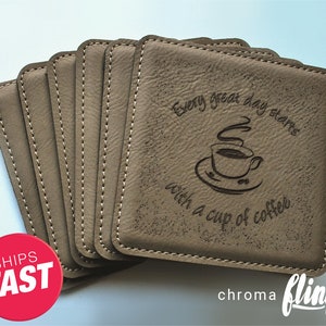 Everyday Starts With Coffee - Coaster Gift - Custom Leather Coaster - Engraved Gift  - Leather Coaster Set - Leather