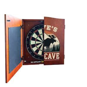 Personalized Dartboard Cabinet - Moose ManCave Brown Wood Dartboard Cabinet with Chalkboard for Score - Man Cave Gift - Fathers Day