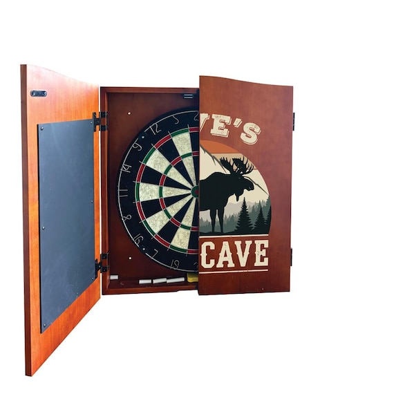 Personalized Dartboard Cabinet - Moose Mancave Brown Wood