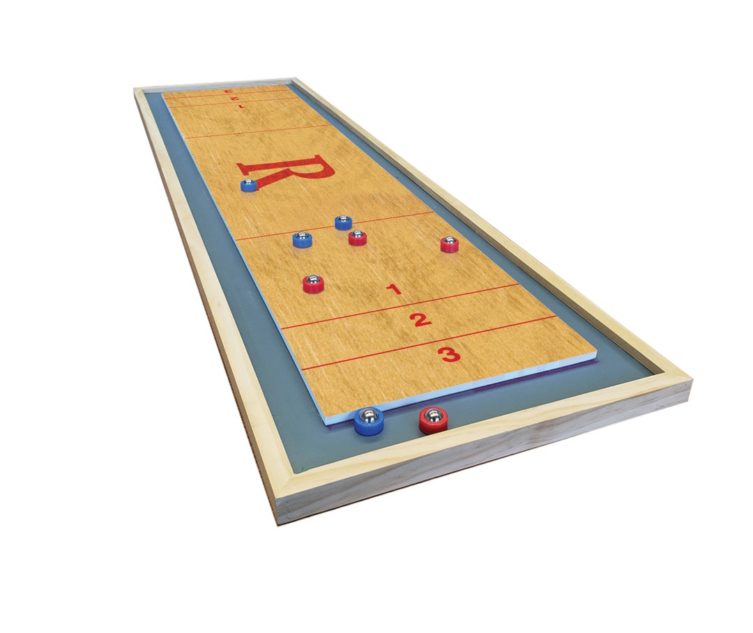 Red Monogram Shuffleboard Mini Shuffleboard With Red and Blue Bearings