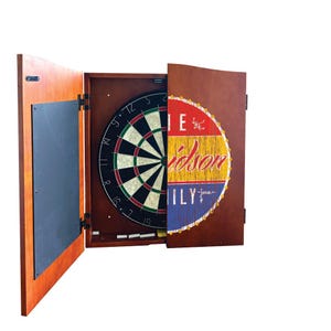 Personalized Dartboard Cabinet - Retro Family Stained - Brown Wood Dartboard Cabinet with Chalkboard for Score