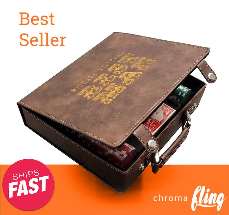 May include: A brown leatherette case with a personalized inscription "MICHAEL WALLBERG BEST" in gold lettering. The case is open to reveal a set of playing cards and poker chips.