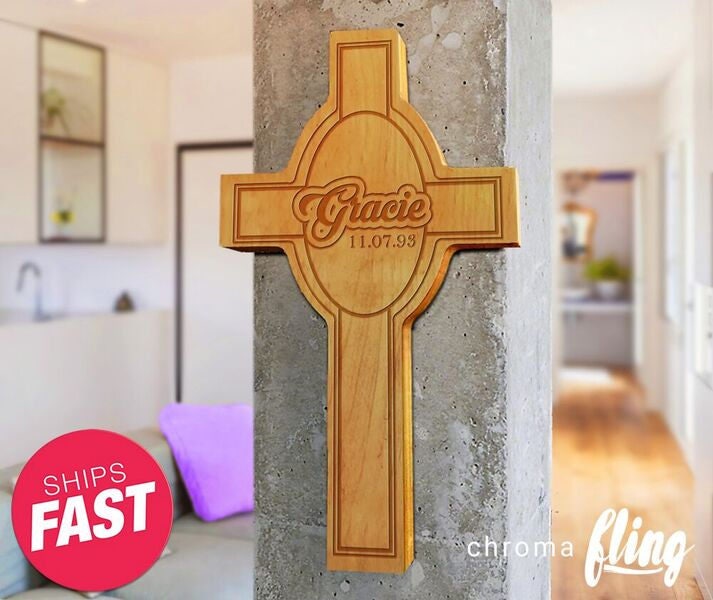 Custom Name and Date Laser Engraved Wooden Cross Wall Decor